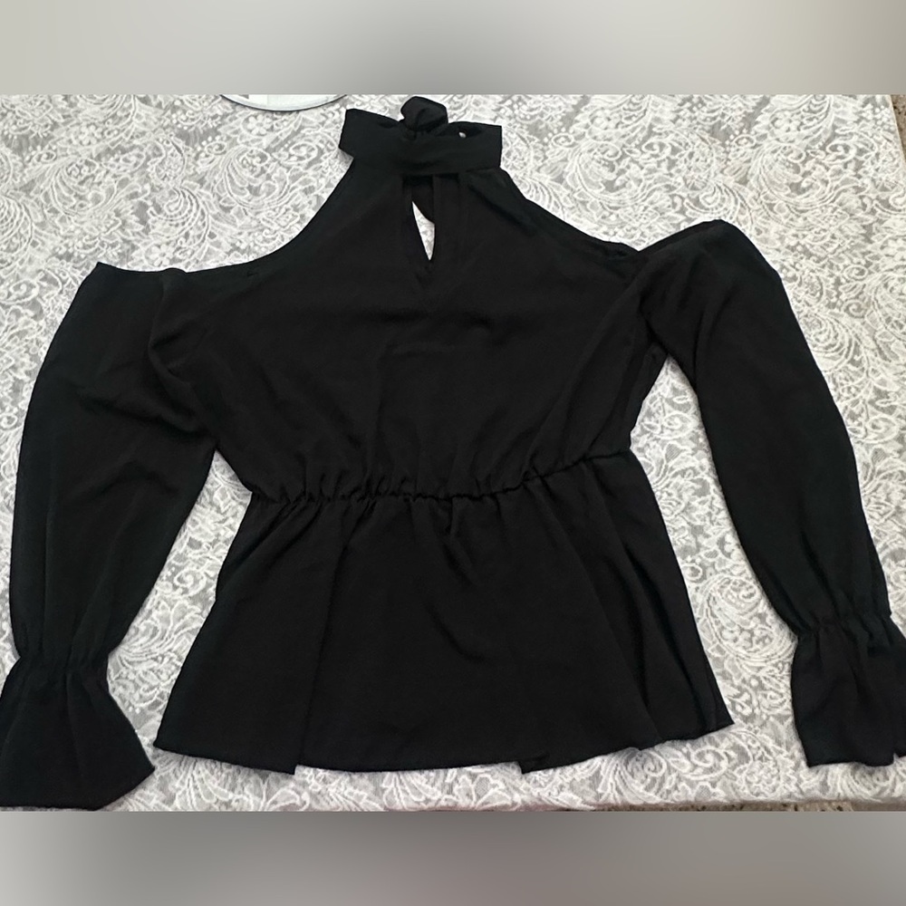SHEIN Curve Black Tie Neck Cold Shoulder Peplum Top 0XL